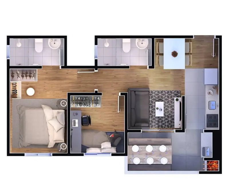 Planta baixa de apartamento de 2 dormitórios — Residencial Bellagio
